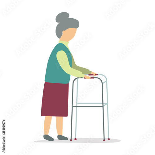 Walker and Retired elderly senior age women. Character with crutches. Vector illustration in flat and cartoon style