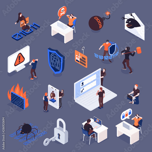 Cyber Security Isometric Icons Set