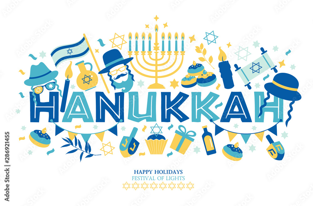 Jewish holiday Hanukkah greeting card and invitation traditional Chanukah symbols -dreidels spinning top, donuts, menorah candles, oil jar, star David illustration.