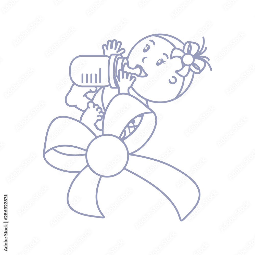 cute baby girl with bottle milk and bow ribbon cute baby girl with bottle milk and bow ribbon