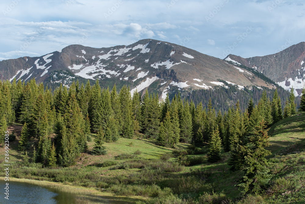 lake, trees, meadow, mountains and snow at Little Molas Lake in the San Juan Mountains of Colorado