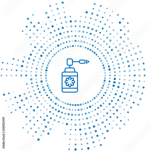 Blue line Medical bottle with nozzle spray for the treatment of diseases of the nose and throat icon isolated on white background. Abstract circle random dots. Vector Illustration