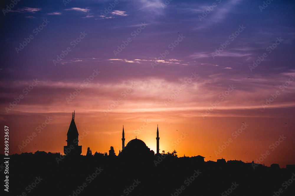 Silhouette of Istanbul city with mosques at sunset