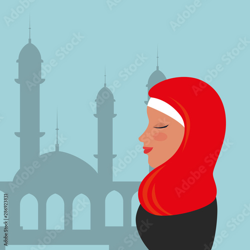 profile of islamic woman with traditional burka in mosque
