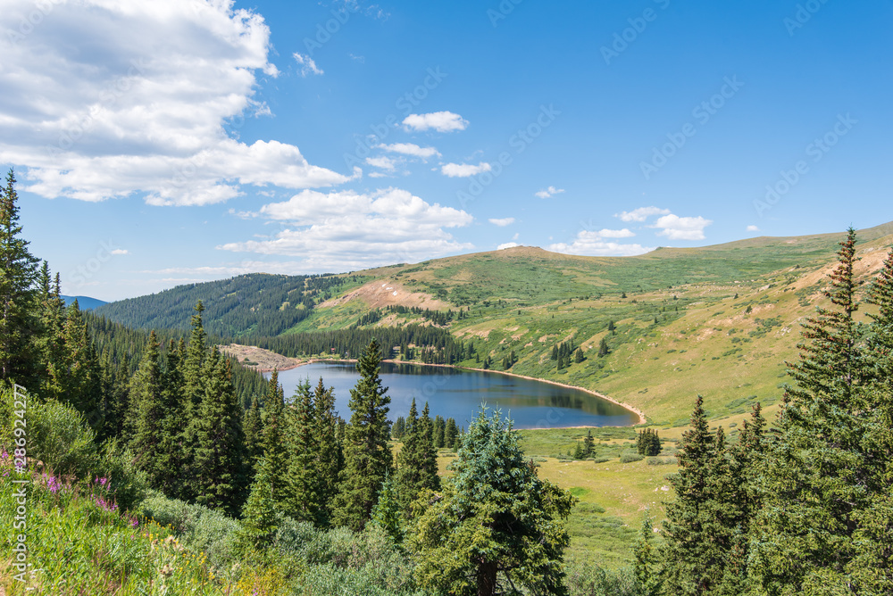 Guanella Pass in Colorado high angle view of trees and lake in a valley