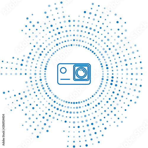 Blue line Action extreme camera icon isolated on white background. Video camera equipment for filming extreme sports. Abstract circle random dots. Vector Illustration