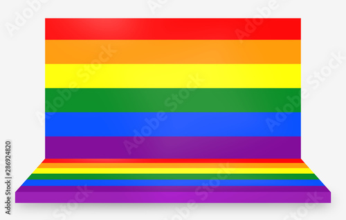 3d rendering. Rainbow color lgbt symbol flag stage on gray background.