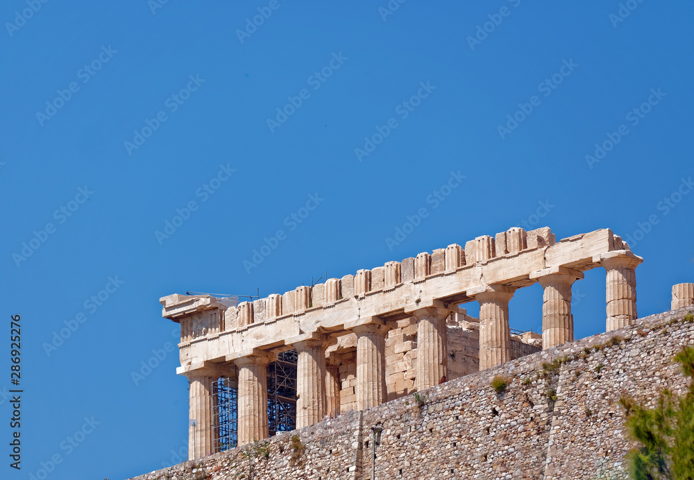 Athens Greece, Parthenon ancient greek temple on acropolis hill, blue sky as space for text