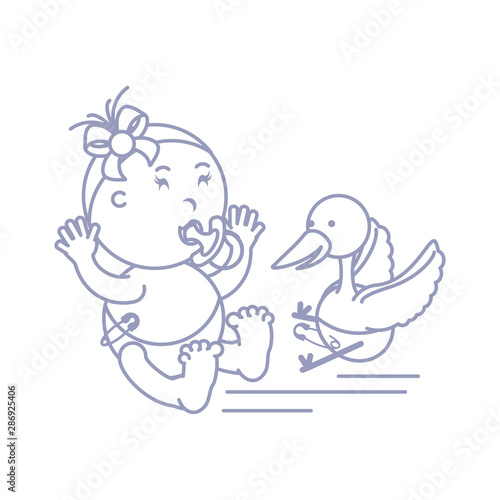 stork and cute baby girl with pacifier