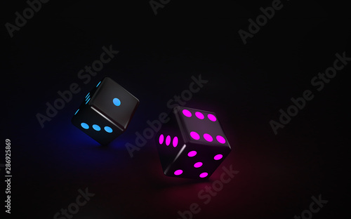 Dices With Futuristic Neon Lights On The Black Backgound - 3D Illustration