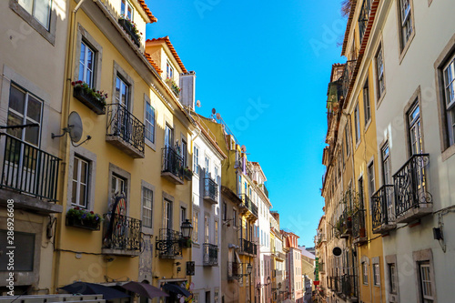 View to the Bairro Alto district in the historic center of Lisbon, traditional facades in the streets of the old town, Portugal Europe © ah_fotobox