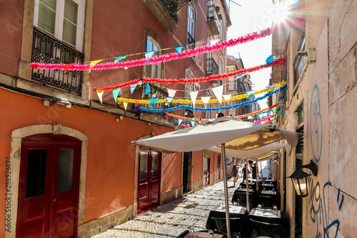View to the Bairro Alto district in the historic center of Lisbon, traditional facades in the streets of the old town, Portugal Europe
