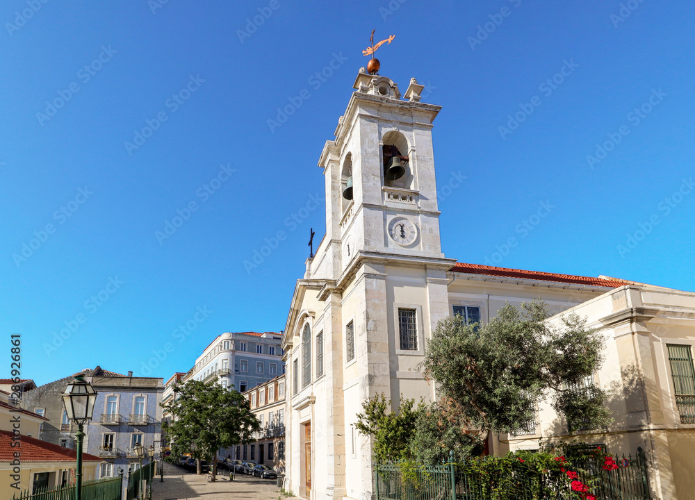 View to the Bairro Alto district in the historic center of Lisbon, traditional church Igreja das Chagas in the old town, Portugal Europe