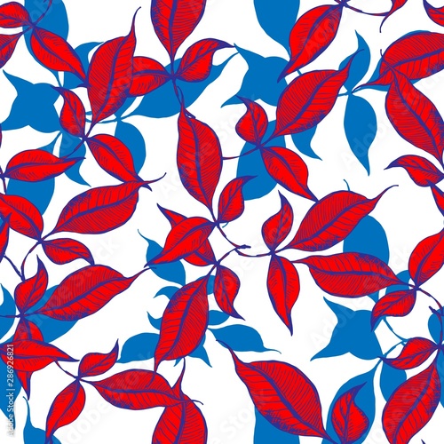 Vector seamless leaves pattern. Red and blue leaves with black ink outline engraved on white background. Trendy elegant design concept for fashion textile print.