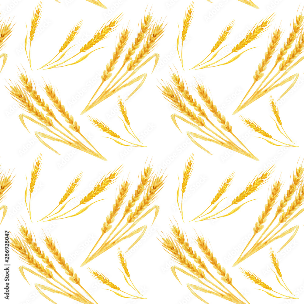 Seamless pattern with hand drawn yellow ear of wheat. Concept for agriculture, organic cereal products, ears, harvesting grain, bakery, healthy food. Watercolor illustration on white background. Seamless pattern with hand drawn yellow ear of wheat. Concept for agriculture, organic cereal products, ears, harvesting grain, bakery, healthy food. Watercolor illustration on white background.