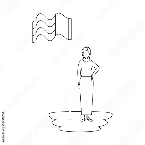 islamic woman with traditional burka and arabia flag in pole