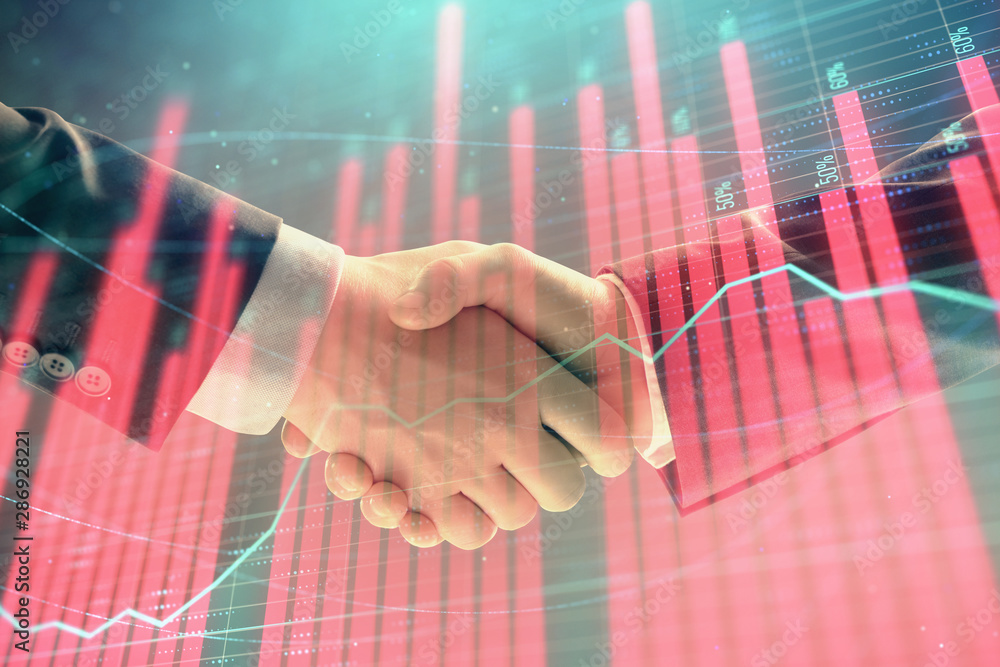 Multi exposure of forex graph on abstract background with two businessmen handshake. Concept of success on stock market Multi exposure of forex graph on abstract background with two businessmen handshake. Concept of success on stock market