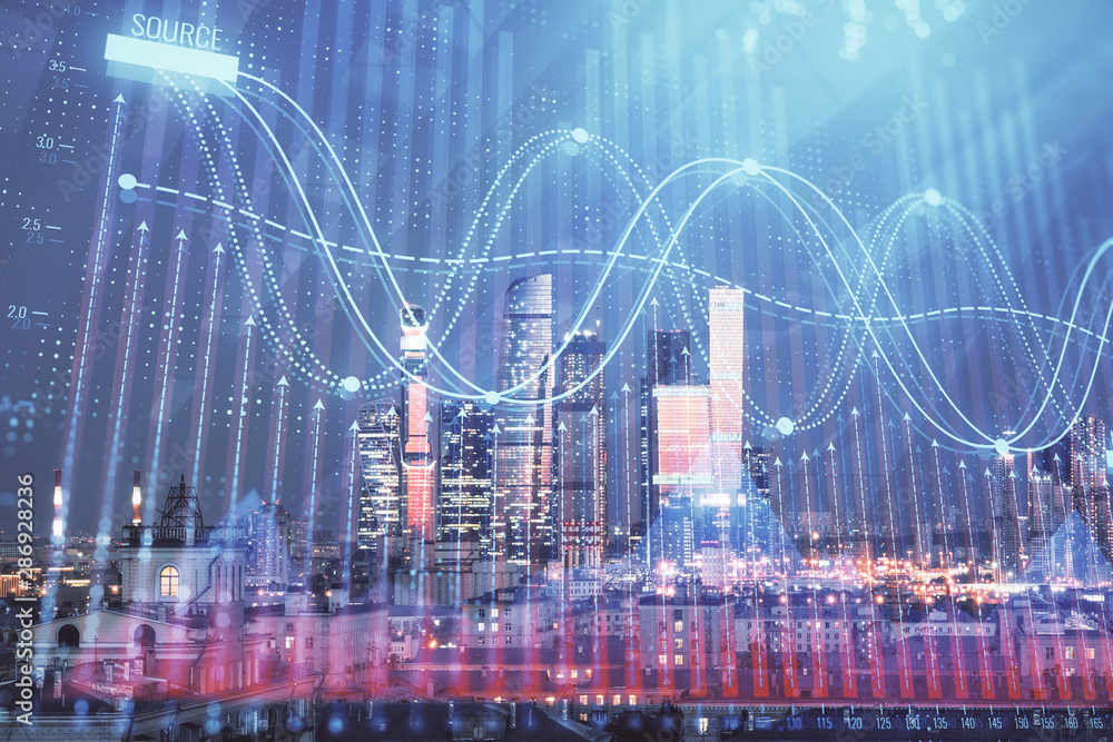 Double exposure of financial chart on Moscow city downtown background. Concept of stock market analysis Double exposure of financial chart on Moscow city downtown background. Concept of stock market analysis