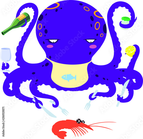 Vector cartoon drawing of gourmand octopus at dinner