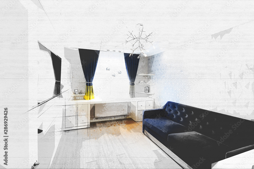 Modern living room interior design with blue sofa and a big window Modern living room interior design with blue sofa and a big window