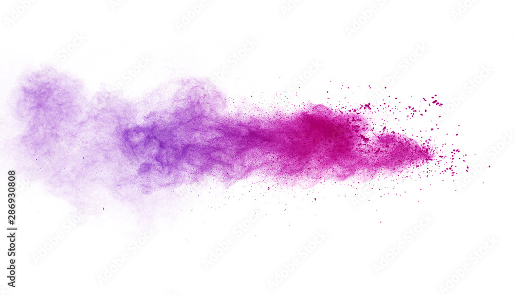 Freeze motion of purple color powder exploding on white background. Freeze motion of purple color powder exploding on white background.