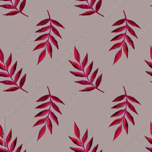 Watercolor illustration pattern of a bright red and neon pink autumn cute rowan leaves. Hand drawn isolated on a dusty beige background.