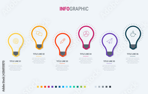 Timeline infographic design vector. 6 steps, light bulbs workflow layout. Vector infographic timeline template.