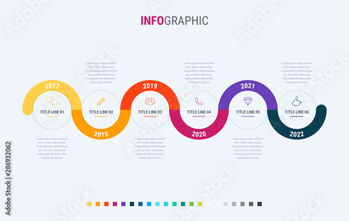 Infographic template. 6 options rounded design with beautiful colors. Vector timeline elements for presentations.