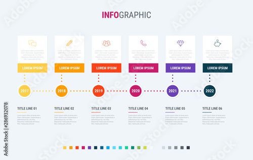 Colorful diagram, infographic template. Timeline with 6 options. Square workflow process for business. Vector design.