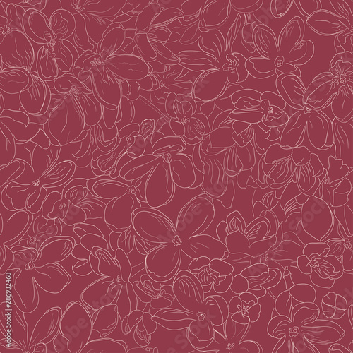 Seamless floral pattern background outline lilac flower on vinous color