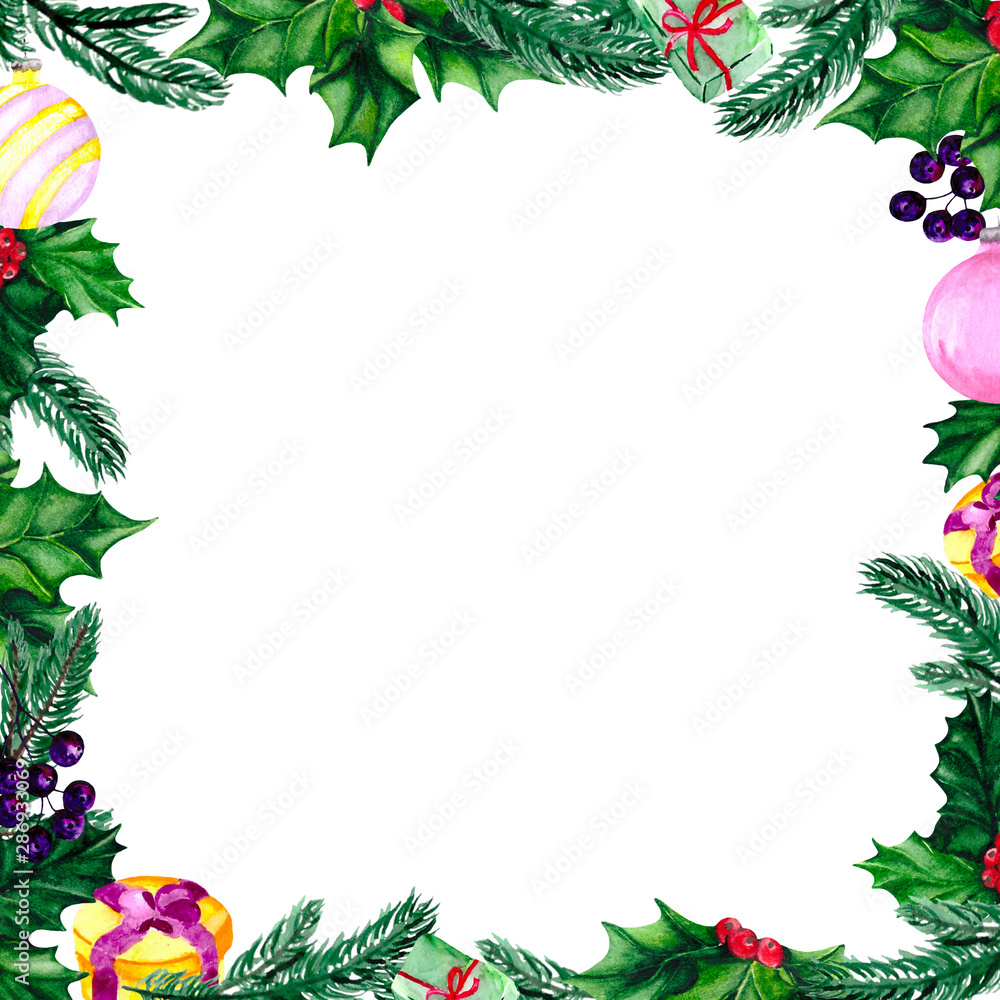 Fototapeta premium Christmas frame with fir branches, Holly, gifts and Christmas toys. Watercolor illustration for postcards, invitations and holiday banners with space for text.