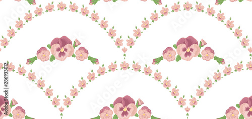 Seamless pattern beautiful pansies flowers, white background, pink floral ornament