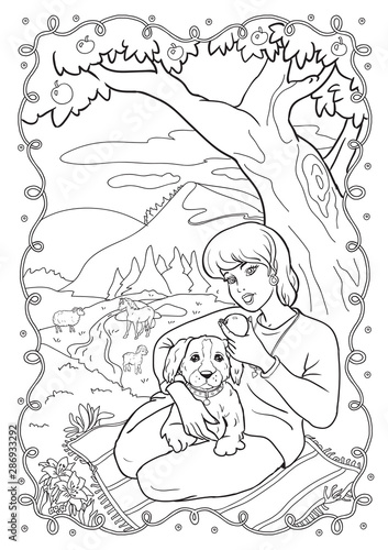 Young beautiful girl hugs a dog and eats an apple. Coloring for print.