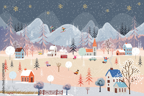 Illustrator winter landscape,Vector of horizontal banner of winter wonderland at countryside with snow covering, Happy with kids sledding in the winter park and couple with skiing on the mountain