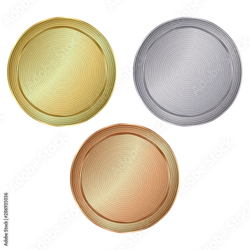 Vector set of blank old, round with centrist circles, patterns of gold, silver, bronze for coins, seals, money or medals