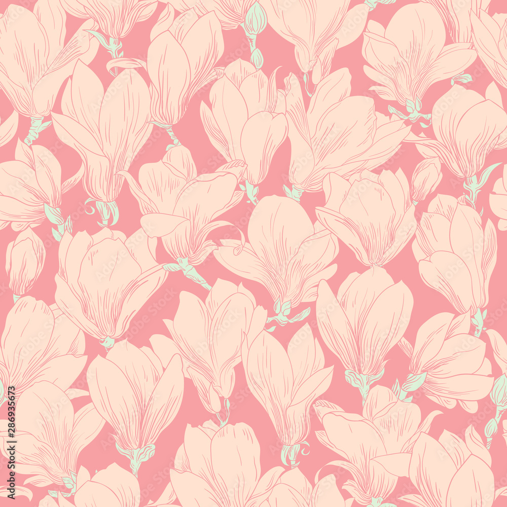 Fototapeta premium Magnolia pattern, line floral ornament. Seamless background. Hand drawn illustration in vintage style, pink