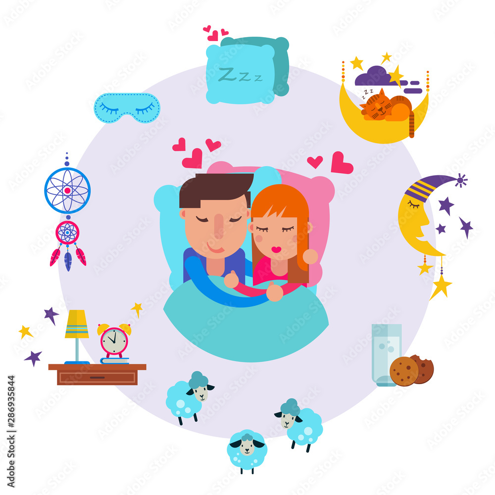 Naklejka premium Loving man and woman sleeping together vector illustration. Young man, woman couple sleep, sweet dreams clouds, stars, hearts pillow and counting sheeps.