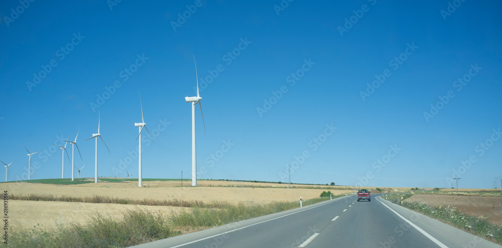 Travelling by car through long pastures with wind turbines