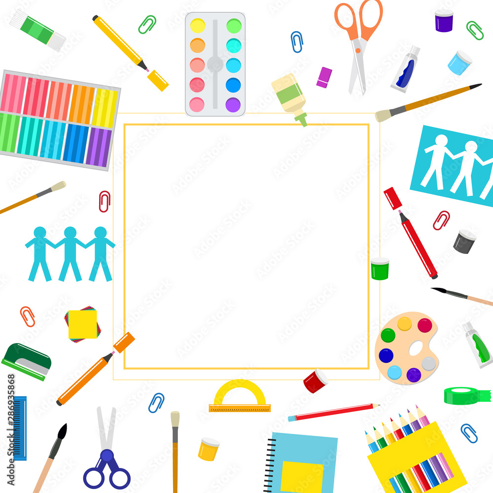Colorful stationery frame vector illustration. Coloring pencils, pens,  scissors and watercolor paints with brushes. Kids and school supply, art  stationery, education theme with white space. Stock Vector | Adobe Stock