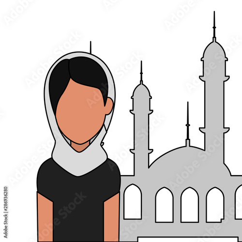 islamic woman with traditional burka and mosque building