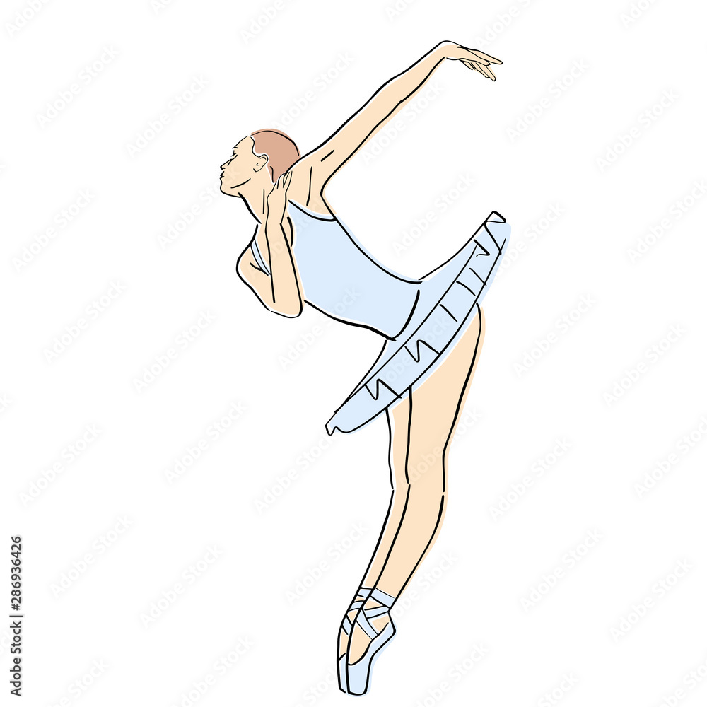 Ballerina in ballet tutu and pointe shoes on her toes. Classical dancer silhouette in elegant pose. Vector flat illustration. Isolated hand drawn black contour and pastel colors.