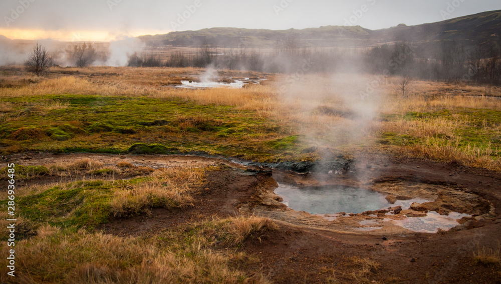 Icelandic winter with geyser thermal activity 