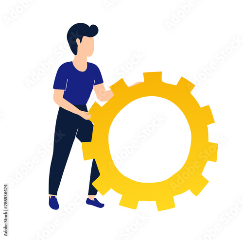 Services for setting up and repair technical equipment. Concept man pushing gear