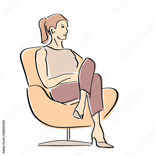 Young woman sitting in armchair in a closed pose. Silhouette of the interviewer, interviewee, correspondent, questioner or TV host.  Vector flat illustration. Isolated hand drawn style.