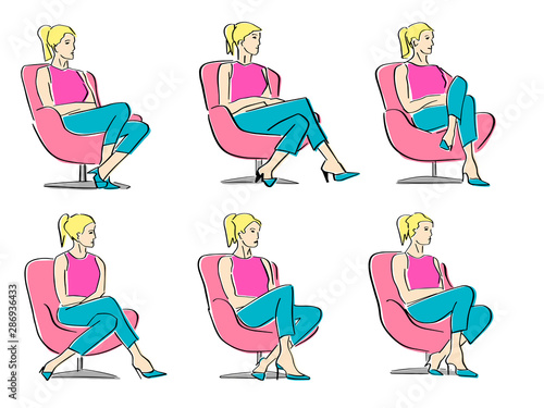 Set of young women sitting in armchair in a closed pose. Silhouette of the interviewer, interviewee, correspondent, questioner or TV host. Vector flat illustration. Isolated hand drawn style.