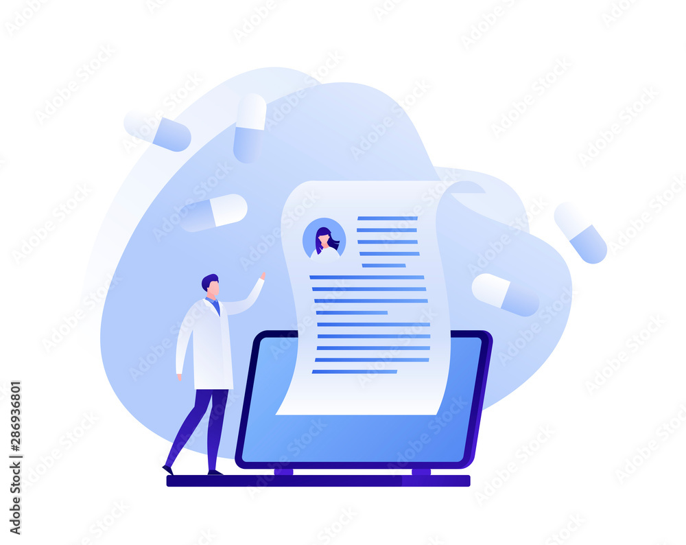 Fototapeta premium Vector flat online medicine illustration. Doctor on laptop with prescription and pills symbols. Concept of pharmacy drugstore, diagnosis, home hospital. Design medical for poster, flyer, card, banner