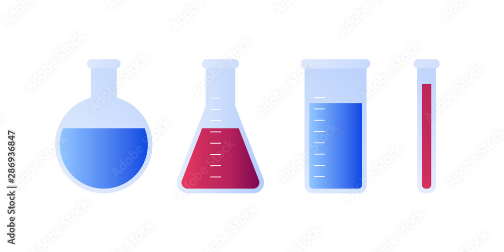Vector flat science medical equipment illustration. Laboratory chemical tube set with blue and red fluid isolated on white background. Design bottle icon element for poster, flyer, card, banner Vector flat science medical equipment illustration. Laboratory chemical tube set with blue and red fluid isolated on white background. Design bottle icon element for poster, flyer, card, banner