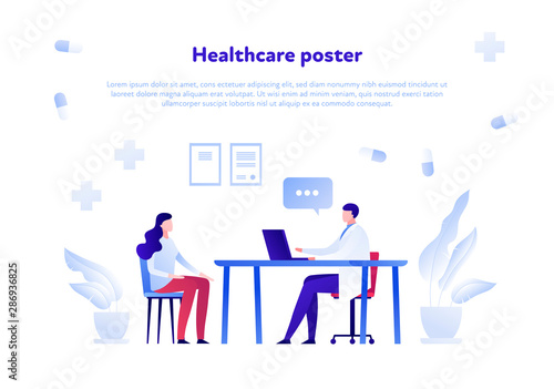 Vector flat doctor and patient person illustration. Medic and female sitting in hospital office background. Concept of diagnosis, meeting, checkup. Design element for poster, flyer, card, banner