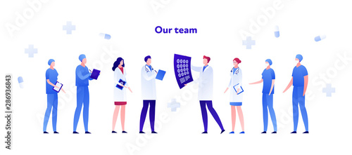 Vector flat doctor team medical person illustration. Male and female characters of radiology, surgery department nurses and therapist. Design element for poster, flyer, card, banner
