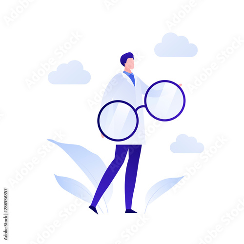 Vector flat oculist doctor illustration. Male optician holding huge glasses isolated on white. Concept of eye ill diagnosis, checkup, disease prevention. Design element for poster, flyer, card, banner